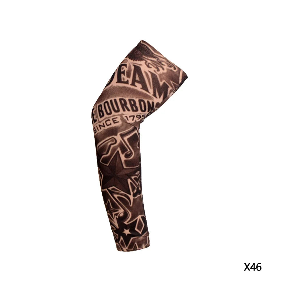 A dark brown reusable stretch tattoo arm sleeve featuring a vintage design with text and stars.