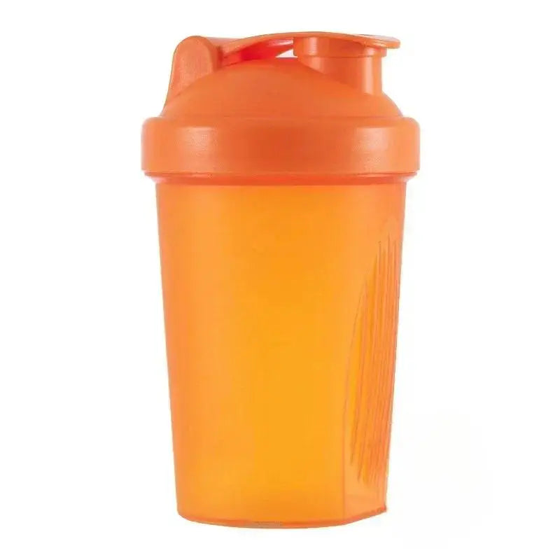 An orange leakproof protein shaker bottle standing upright.
