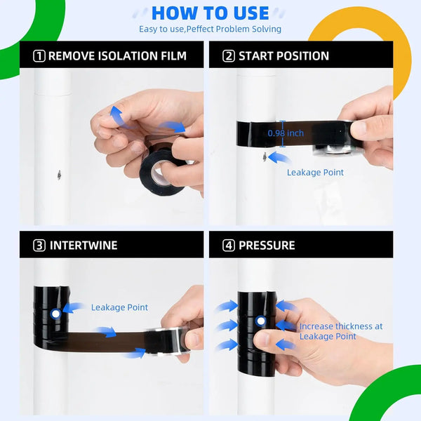 Instructions showing how to use self-fusing silicone repair tape for sealing leaks on plumbing and cables.
