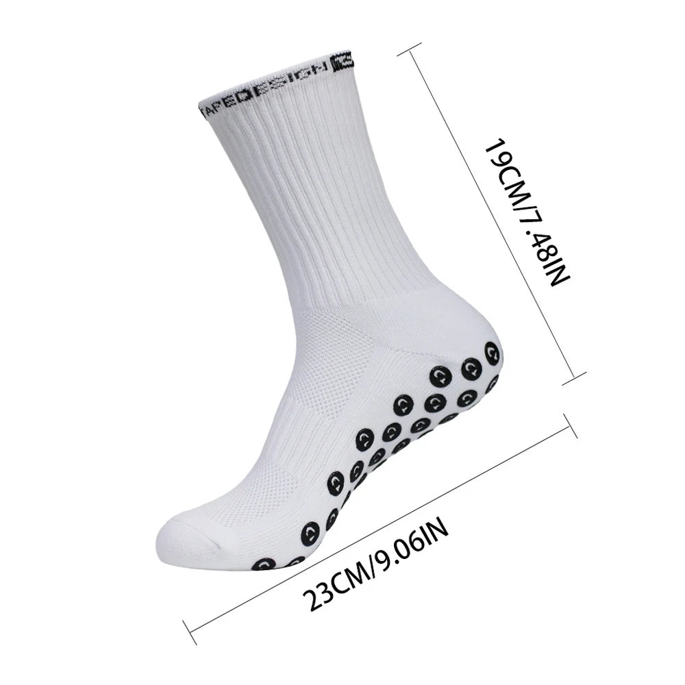 White performance sports gripping socks shown from the side with measurements.