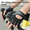 A hand wearing a black cycling glove is gripping a black bicycle handlebar.