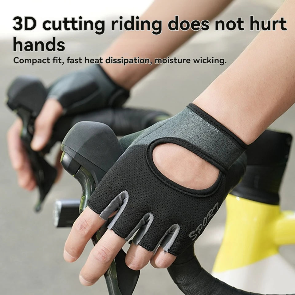 A hand wearing a black cycling glove is gripping a black bicycle handlebar.