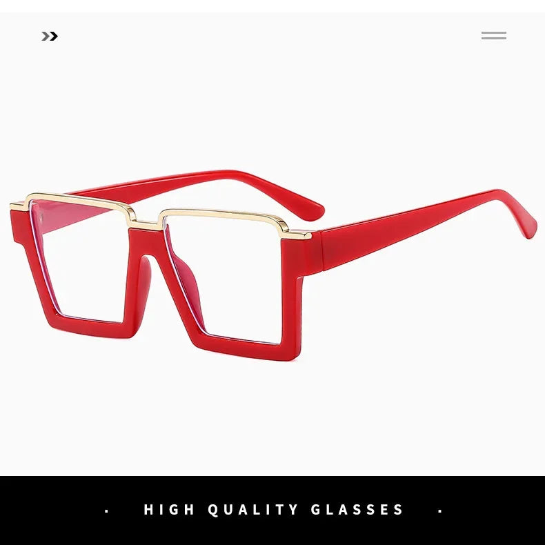 A pair of oversized square semi-rim metal eyeglasses in bright red frame.