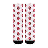 Mid-calf socks with a repeating pattern of red lip prints on a white background