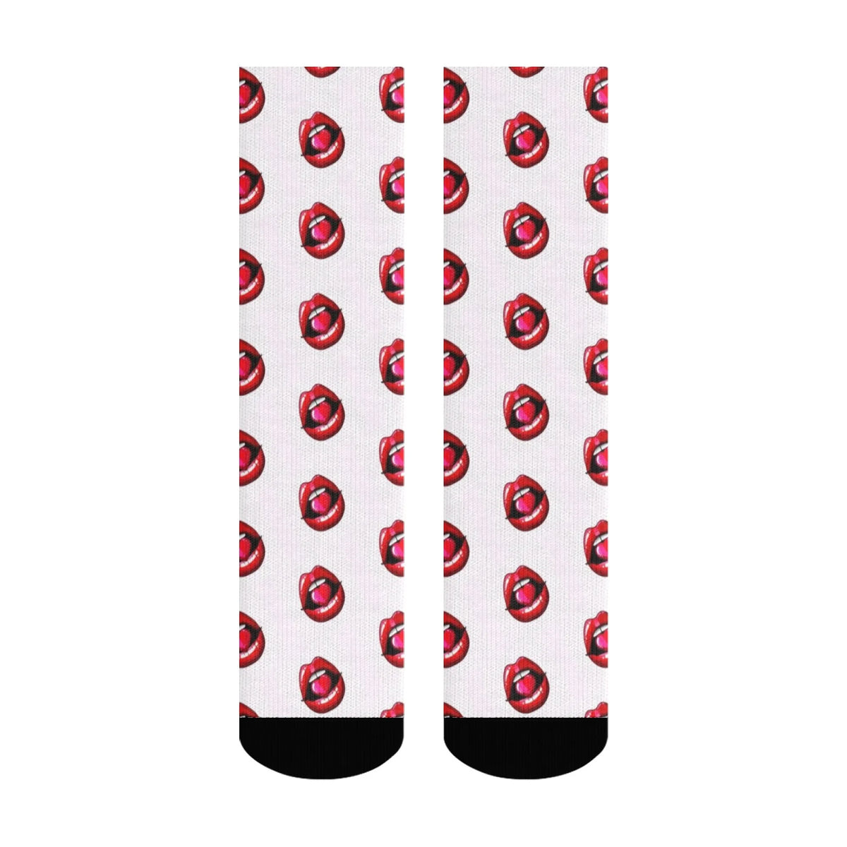 Mid-calf socks with a repeating pattern of red lip prints on a white background