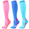 Three pairs of medical grade compression socks in pink, blue, and cyan showing different shades of leg support.