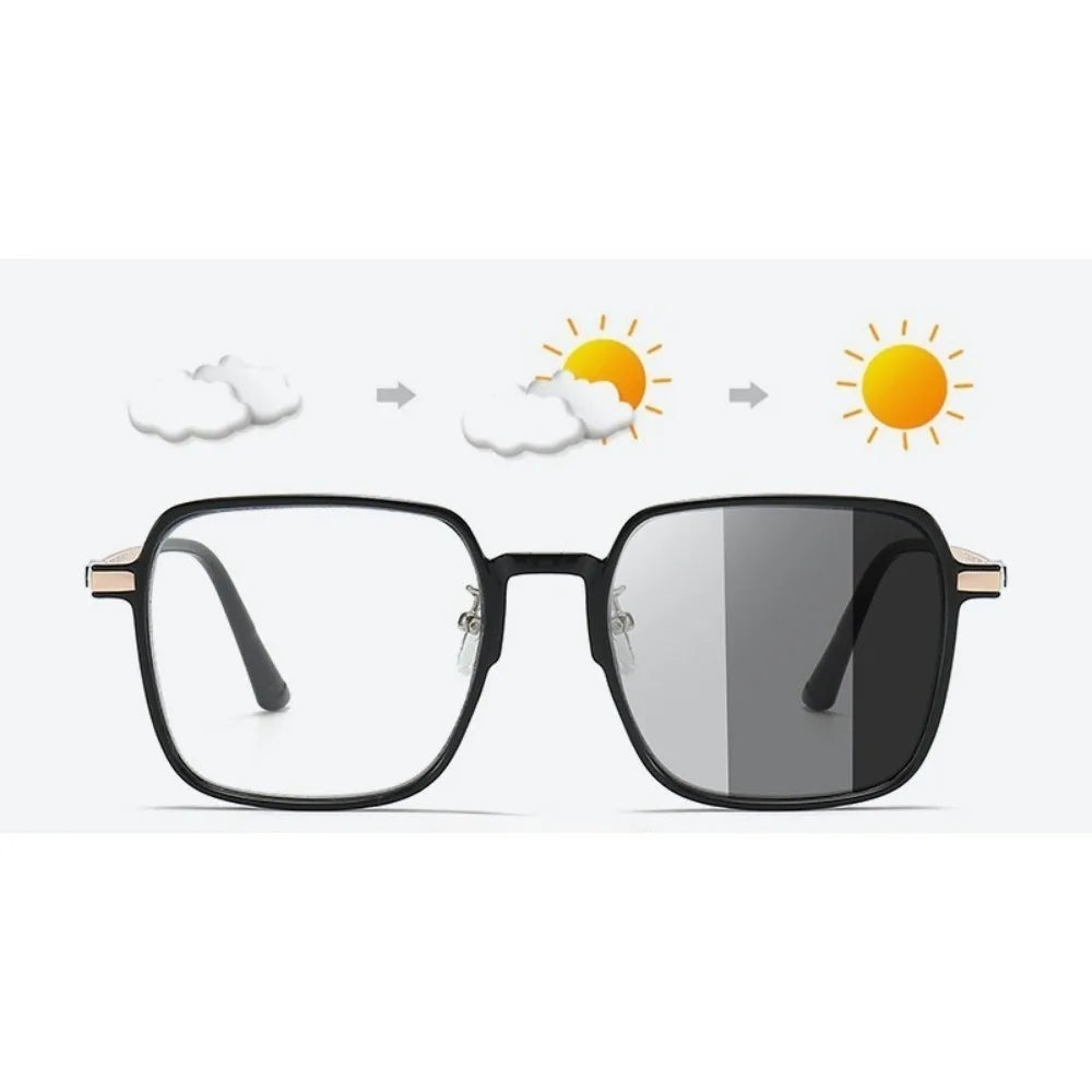 A pair of black photochromic blue light blocking glasses shown with sun icons indicating light sensitivity.