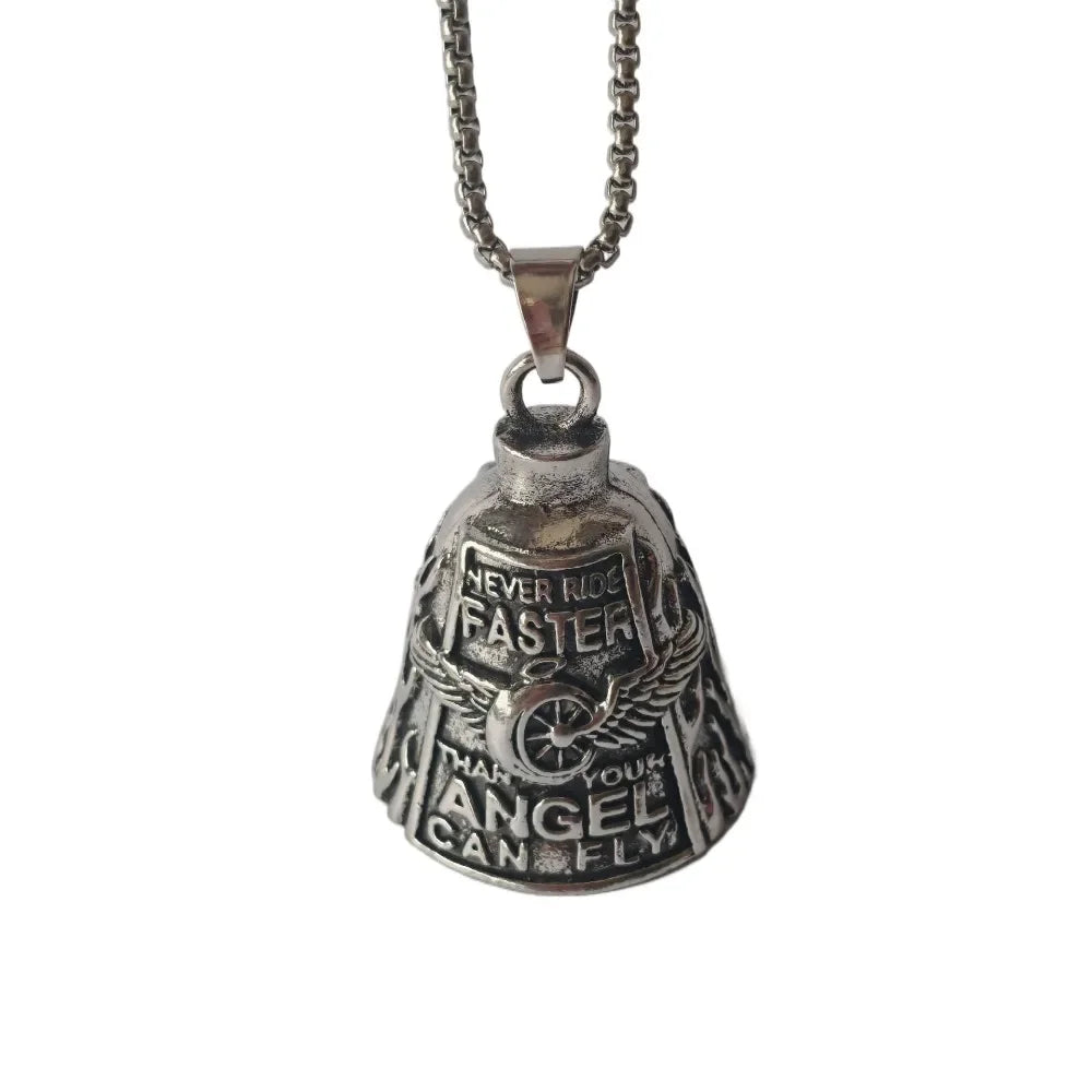 Silver bell pendant with engraved text featuring an angel and the words never ride faster than your angel can fly