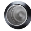 A close-up view of the silver interior and black exterior of an insulated stainless steel thermos flask.