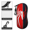 Red and black neoprene pouch for eyeglasses featuring a white spider web design with a secure keychain carabiner.