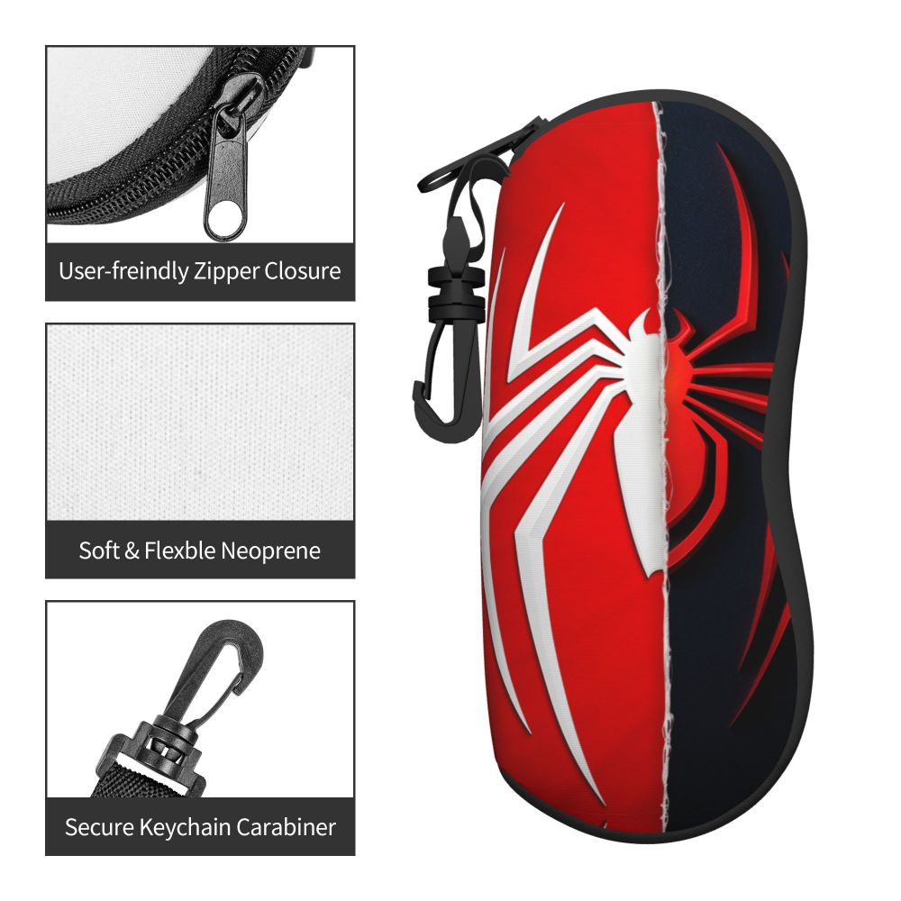 Red and black neoprene pouch for eyeglasses featuring a white spider web design with a secure keychain carabiner.
