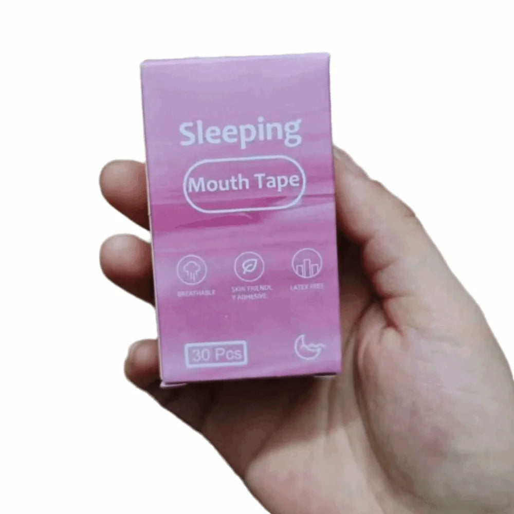 Pinke Box mit Schlafmundtape, zeigt Merkmale wie atmungsaktiv und latexfrei.