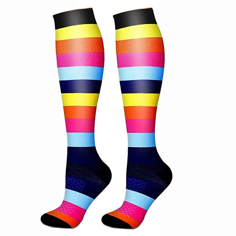 A pair of multi-colored striped compression elastic socks featuring vibrant horizontal bands.