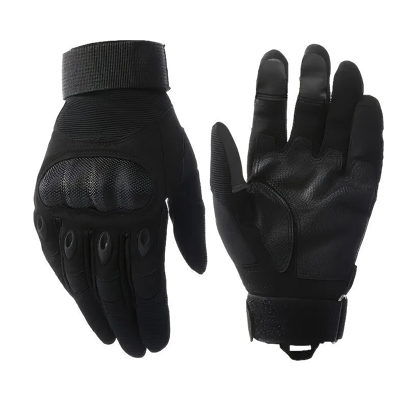 A pair of black tactical full finger outdoor gloves shown against a white background.