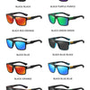 Una cuadrícula que muestra varios colores de gafas de sol polarizadas, incluyendo lentes negros, morados, naranja, verde y az