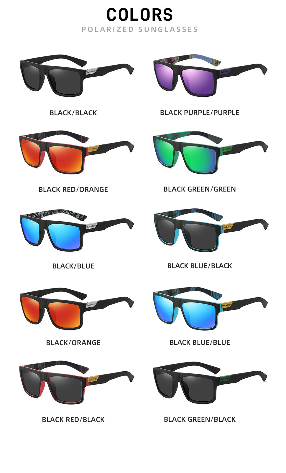 Una cuadrícula que muestra varios colores de gafas de sol polarizadas, incluyendo lentes negros, morados, naranja, verde y az