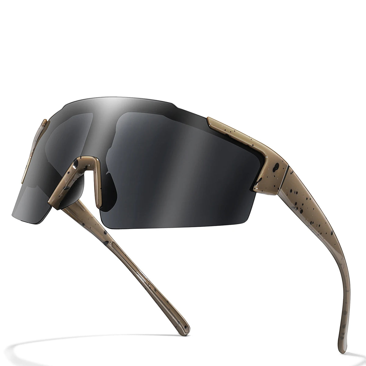 A pair of dark gray cycling sunglasses with brown frames shown in a profile view.
