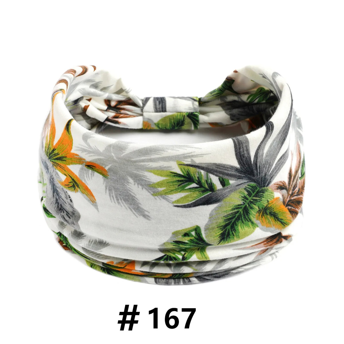 Bandeau en tissu blanc avec motif de feuille tropicale orange, vert et gris.