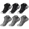 A pack of six athletic mesh ankle socks in black and gray patterns.