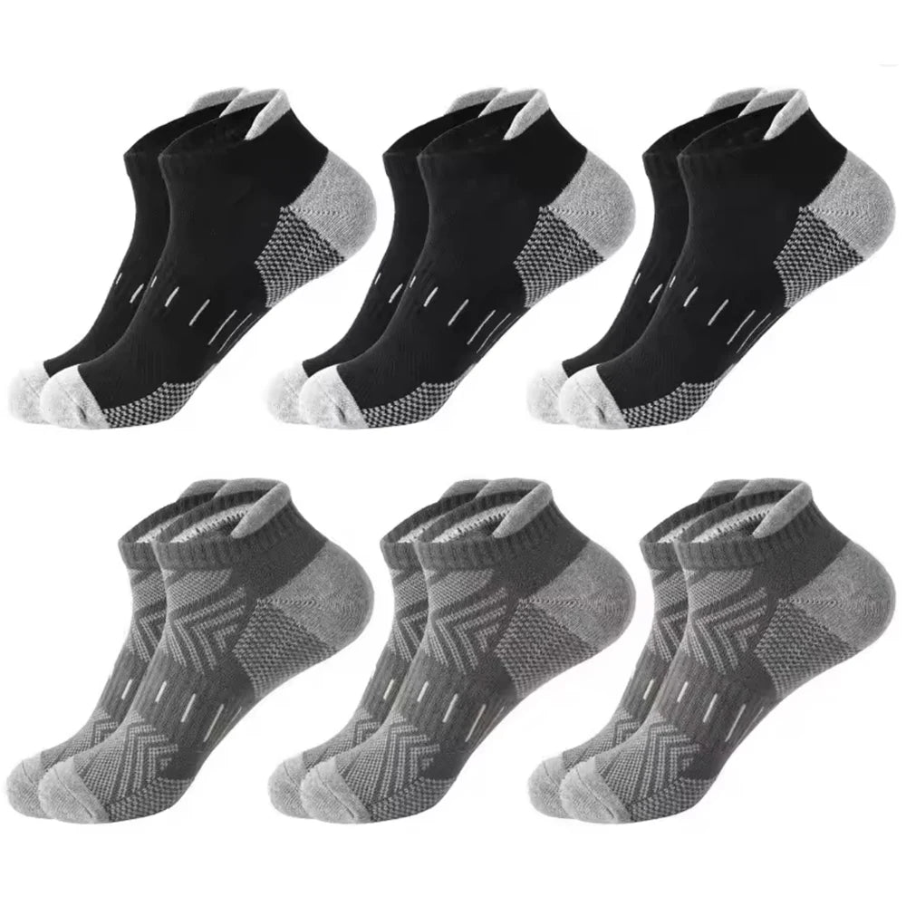 A pack of six athletic mesh ankle socks in black and gray patterns.