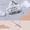 A soft, adjustable safety helmet for toddlers featuring a gray and white pattern with forest and nature themes.