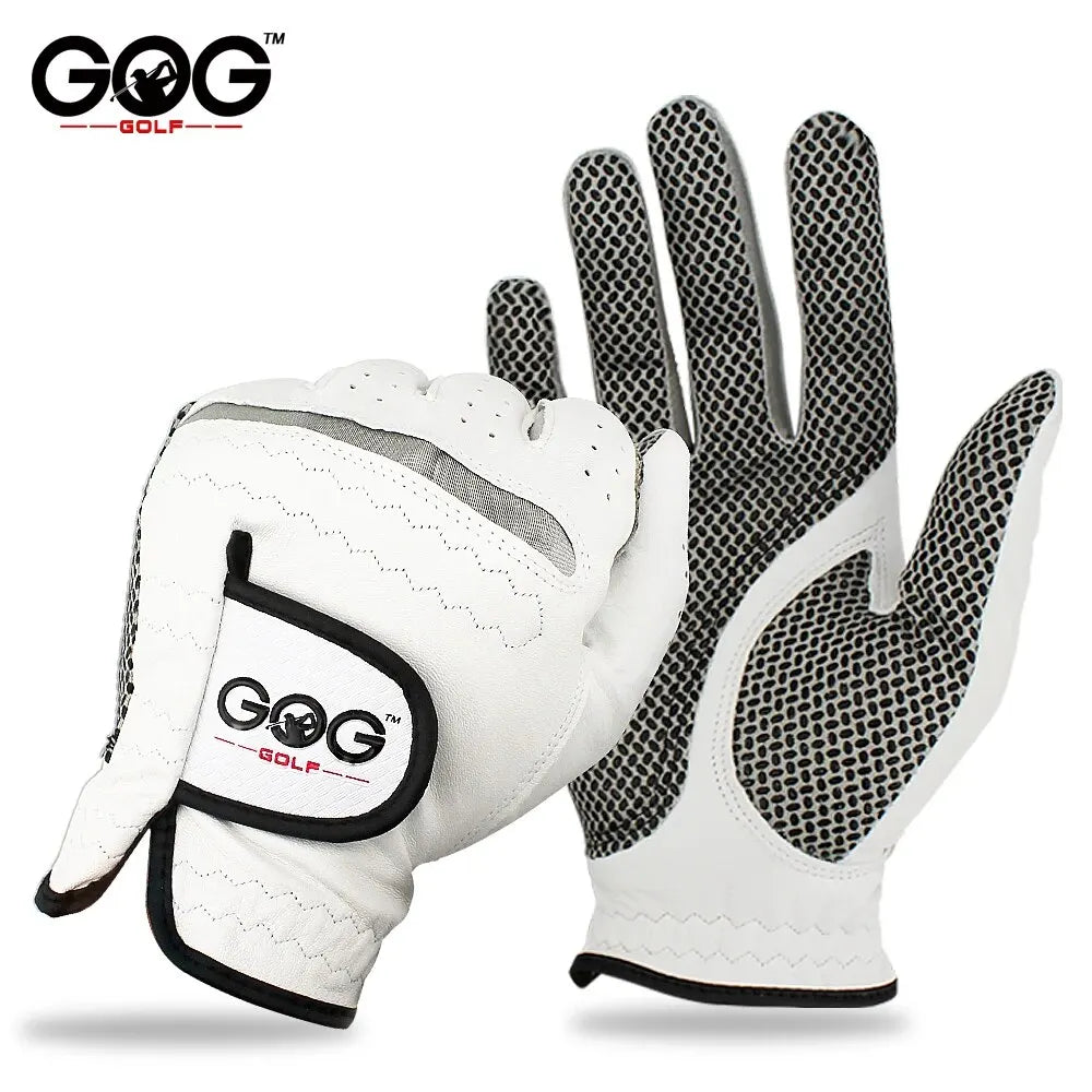 Une paire de gants de golf GOG blancs et noirs, présentée sur un fond blanc.