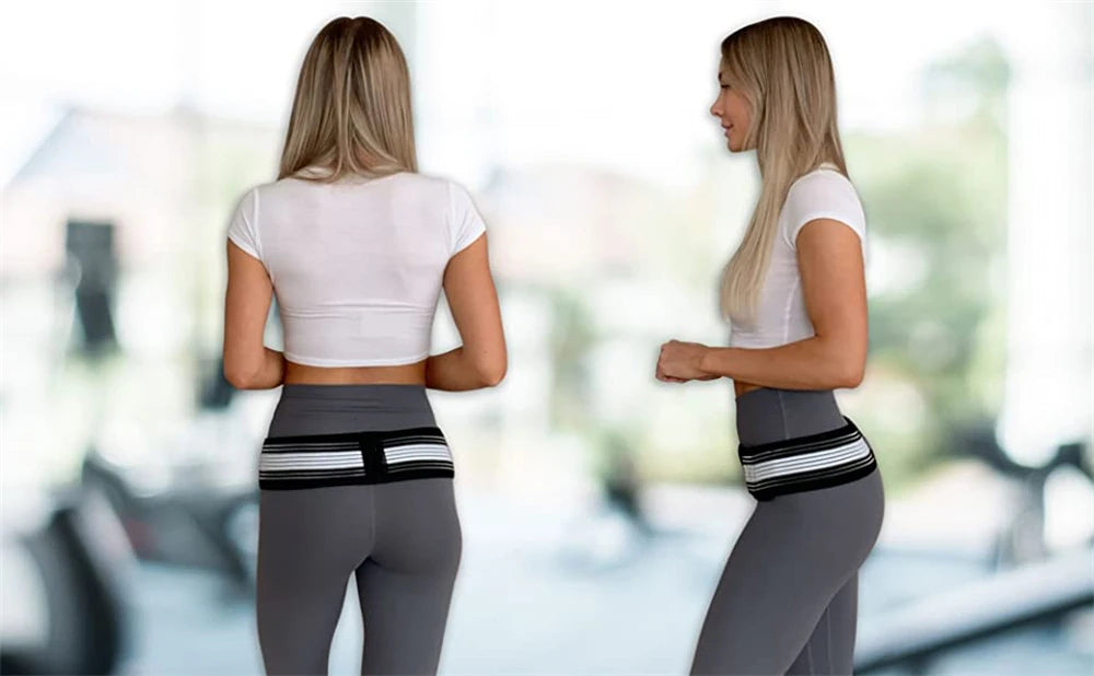 Two women demonstrate the Adjustable Pelvic Support Hip Belt for lower back and SI joint relief.