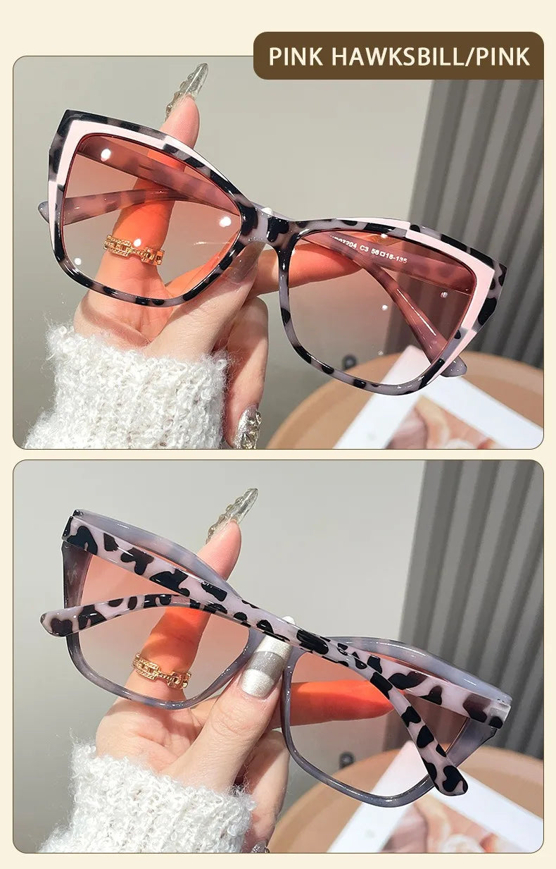 Pink hawksbill sunglasses featuring a leopard print pattern and pink frames