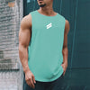 A muscular man wearing a mint green sleeveless sports tank top with a white stripe logo.