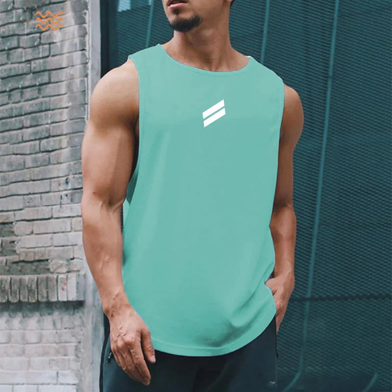 A muscular man wearing a mint green sleeveless sports tank top with a white stripe logo.