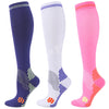 Three pairs of medical grade compression socks in navy blue, white, and pink with patterned toes.