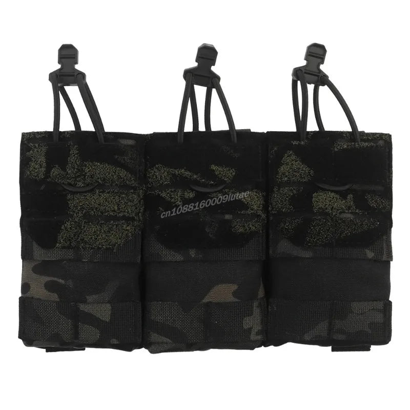 Three black camouflage tactical magazine pouches with adjustable straps