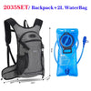 Gray hydration backpack with a blue 2L water bag and connected drinking tube