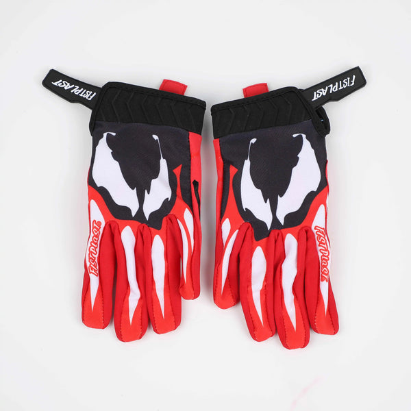 A pair of black and red cycling riding gloves featuring a white cow print design.