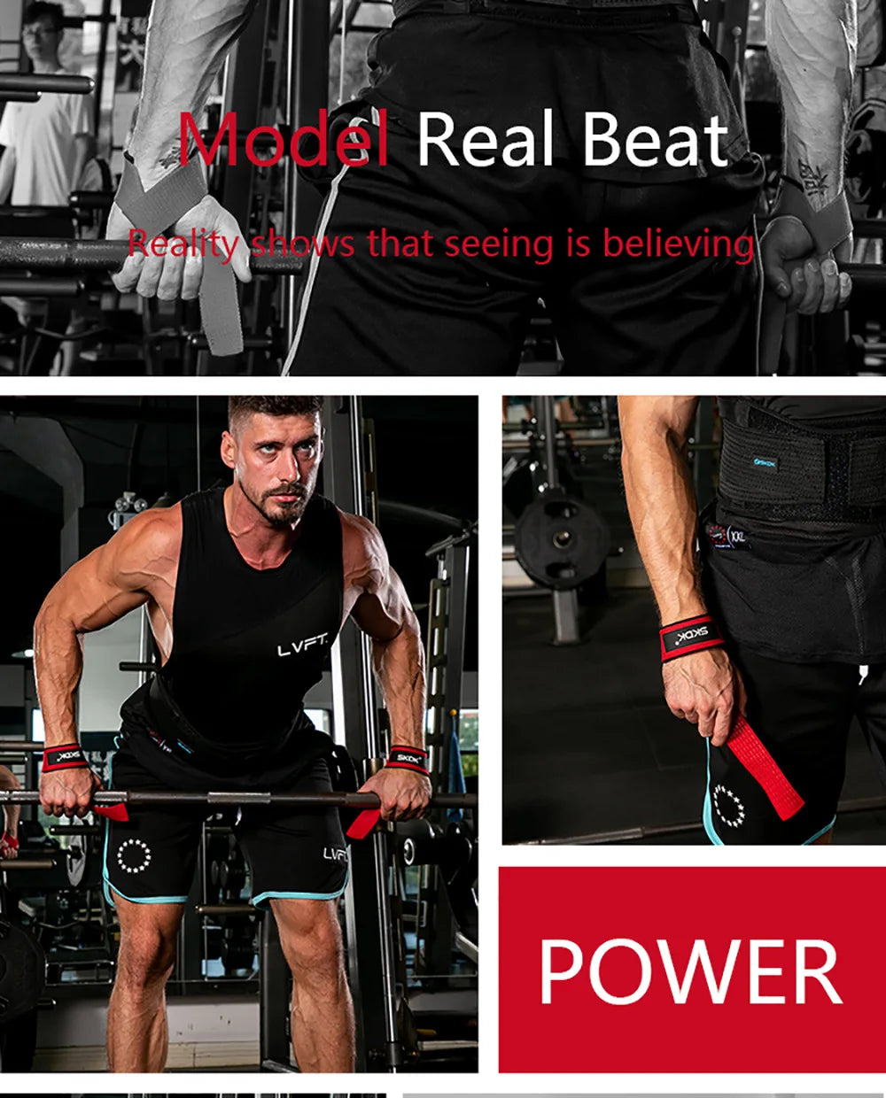 A muscular man lifts weights wearing black gear and red wrist straps in a gym setting.