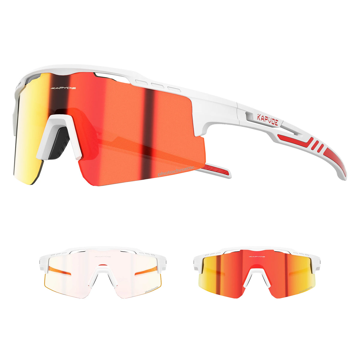 A pair of white and orange photochromic cycling sunglasses with polarized lenses shown from the side and front.