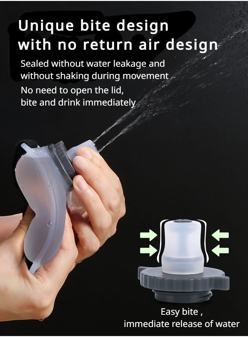 A hand is squeezing a unique bite design water bottle to release water immediately.