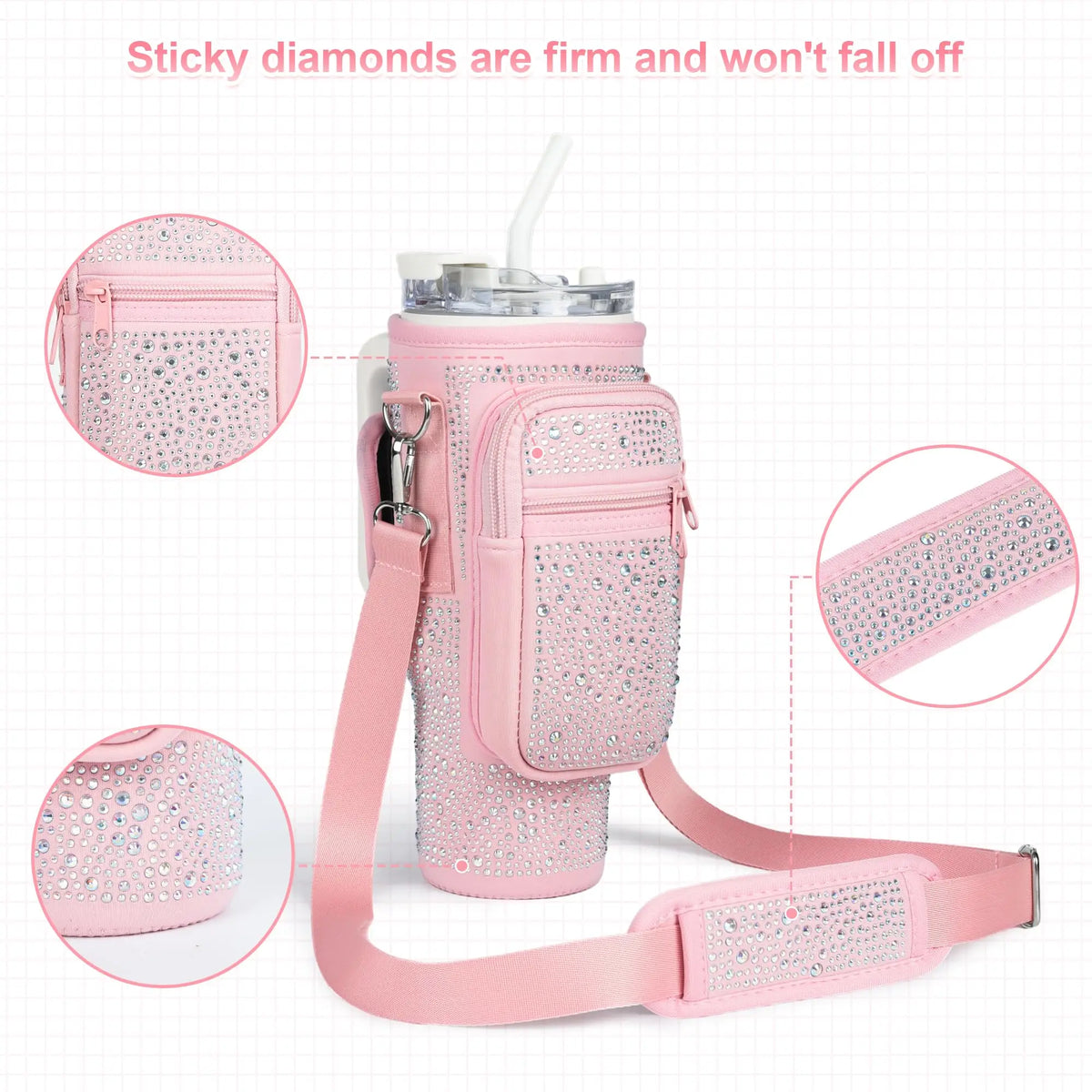 Pink diamond accent water bottle carrying pouch with a strap and a clear straw