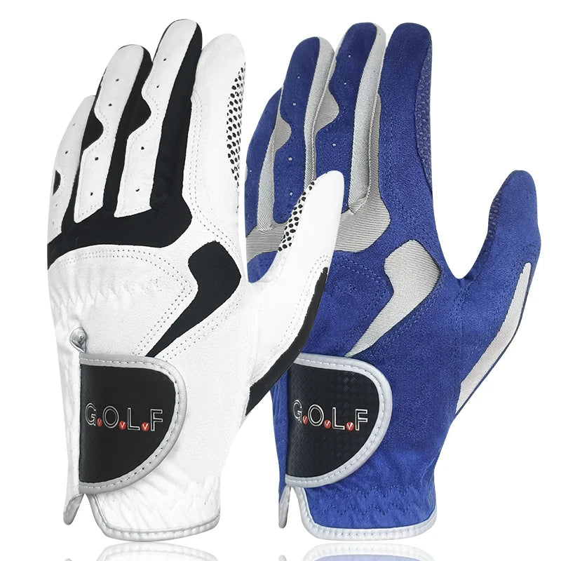 A pair of men's performance golf grip gloves in white and royal blue.