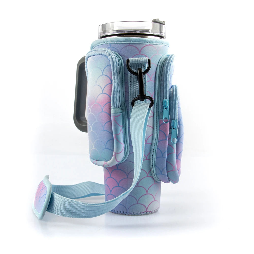 A light blue patterned water bottle carrier bag with a clear lid and strap is shown against a white background.