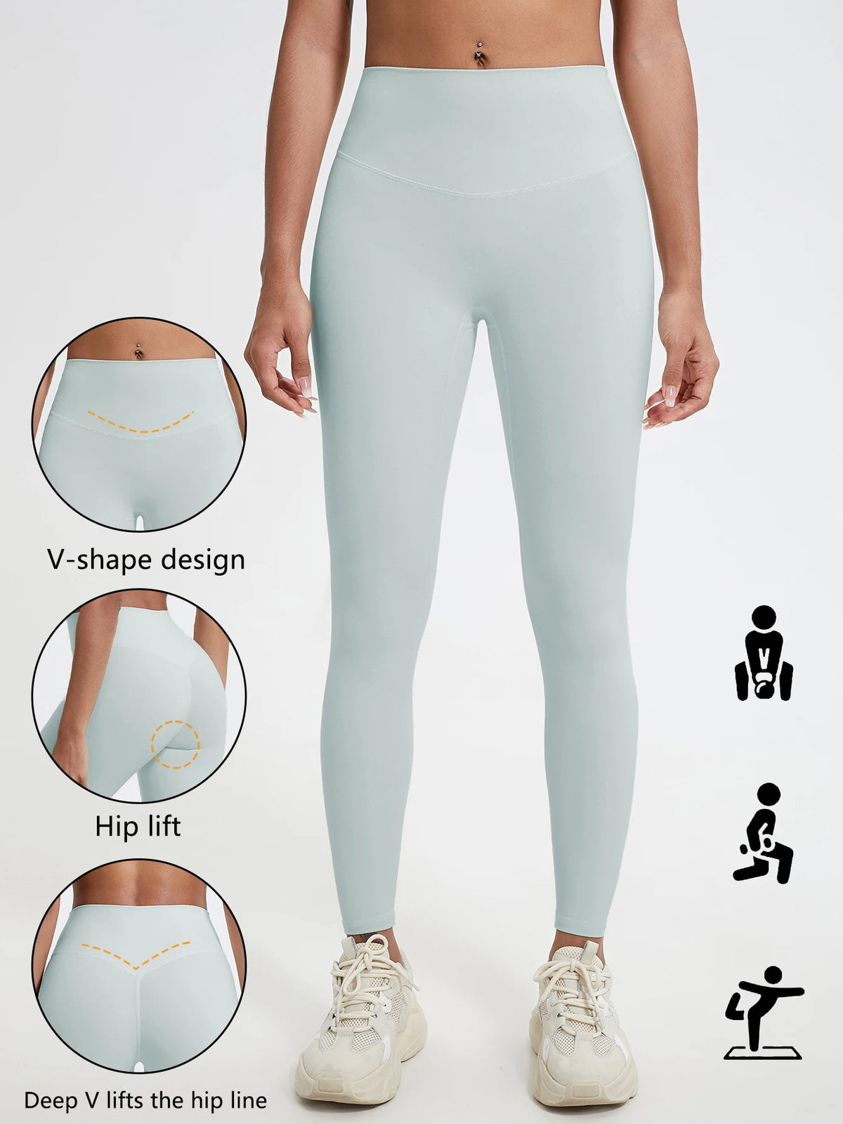 Light blue high-waist yoga leggings shown on a model with diagrams illustrating V-shape design and deep lift features