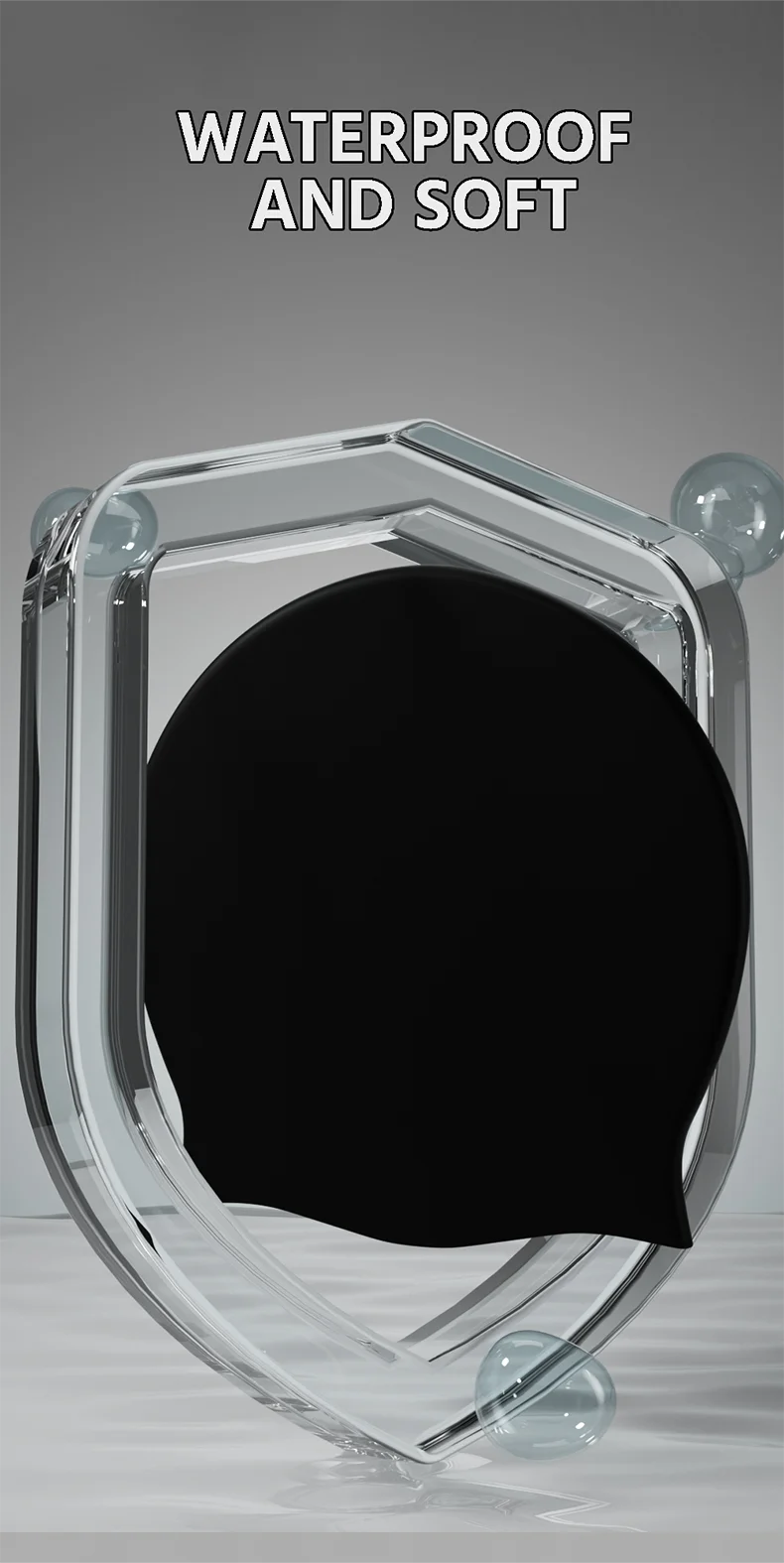 A clear hexagonal silicone swim cap with a black insert, designed to be waterproof and soft.