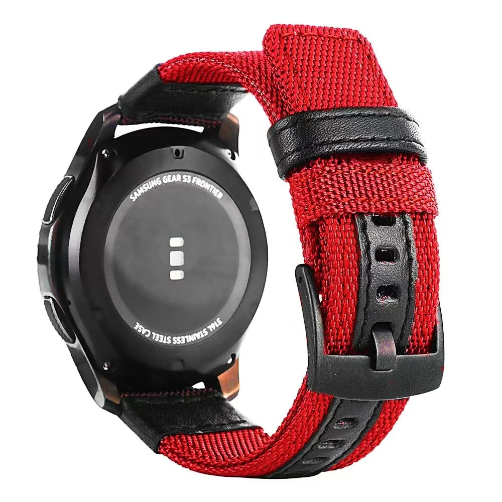 A red and black nylon quick release watch band for a Samsung Gear S3 Frontier smartwatch.