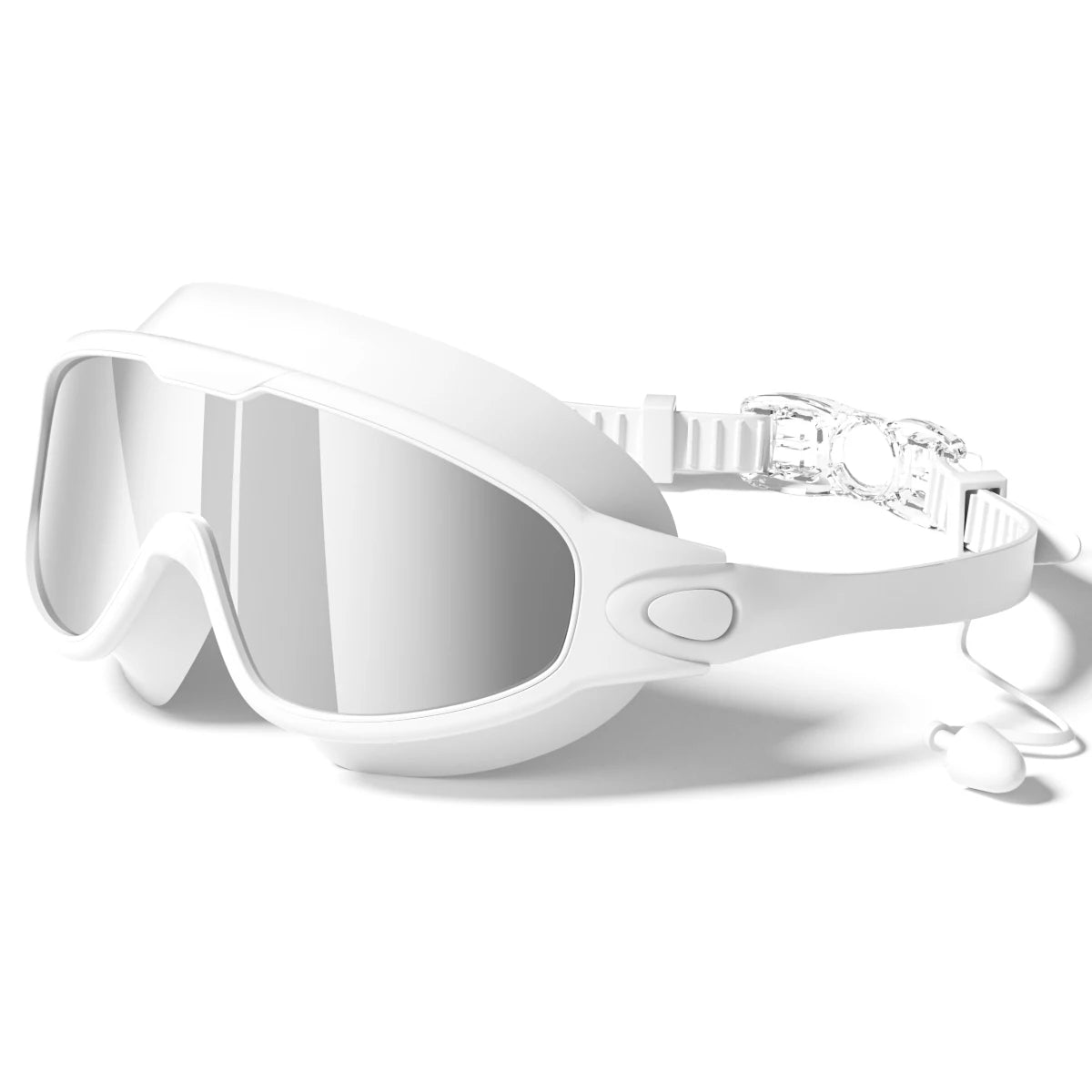 White anti-fog UV protection swimming goggles for men and women shown on a white background.