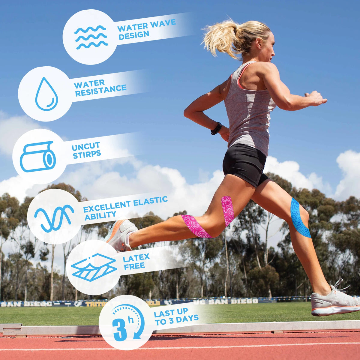 A woman is performing a dynamic stretch outdoors, demonstrating the elasticity and durability of therapeutic kinesiology tape
