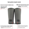 A pair of gray neoprene knee pads shown standing upright with text describing their features.
