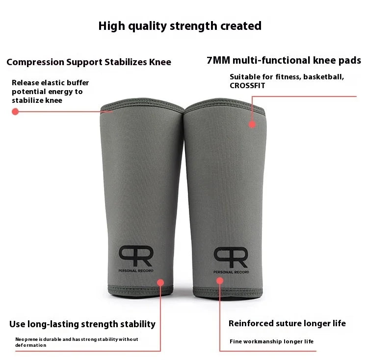 A pair of gray neoprene knee pads shown standing upright with text describing their features.