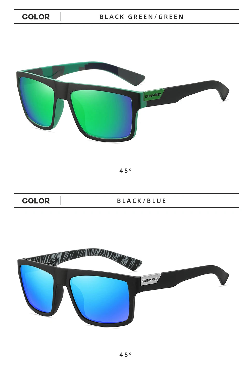 Un par de gafas de sol negras con lentes verdes y un par de gafas negras con lentes azules, ambas con lente de 45 grados