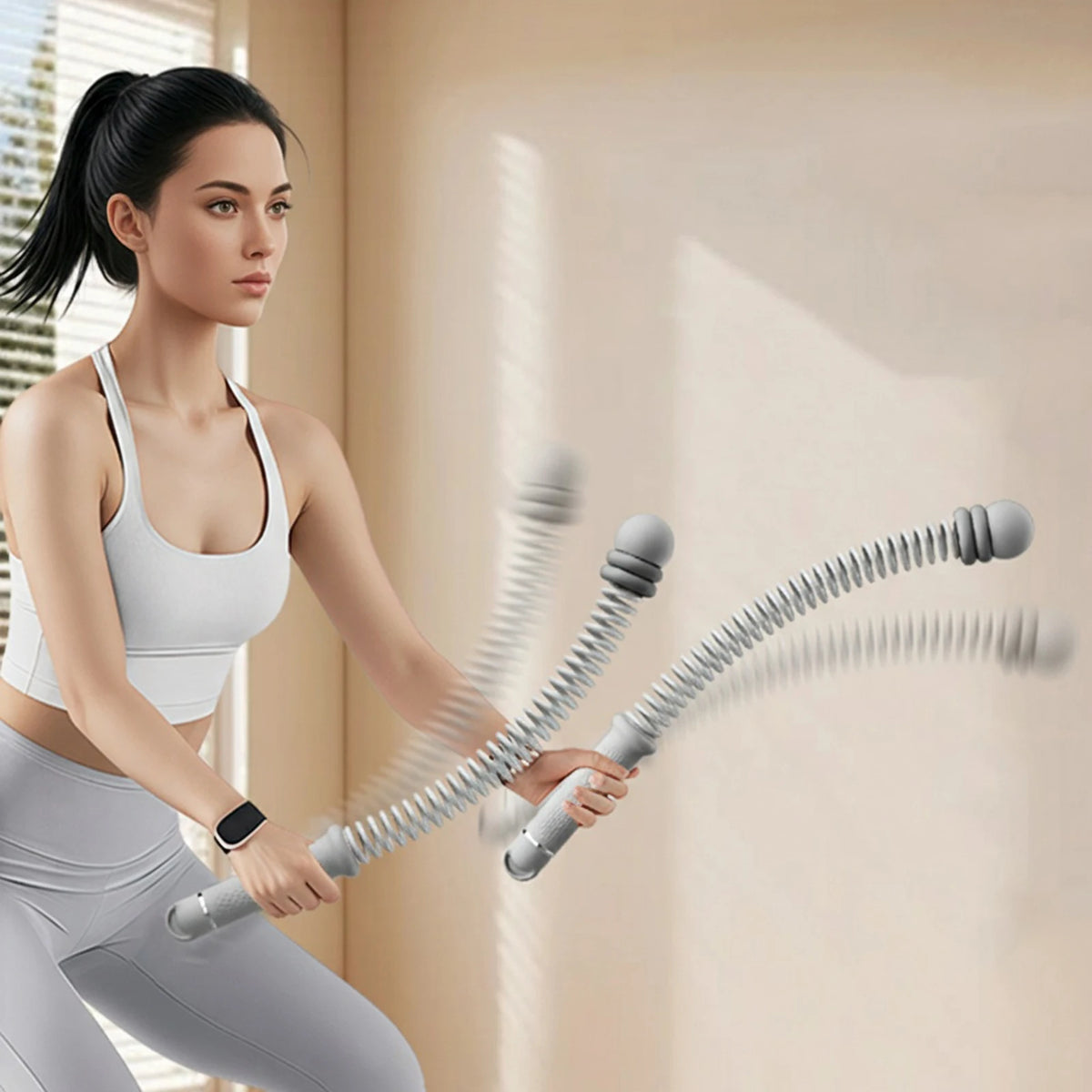 A woman is exercising with adjustable ropeless battle ropes in a bright indoor setting.