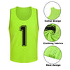 Neon lime green soccer training vest with a number one design and collar, showing fabric details.